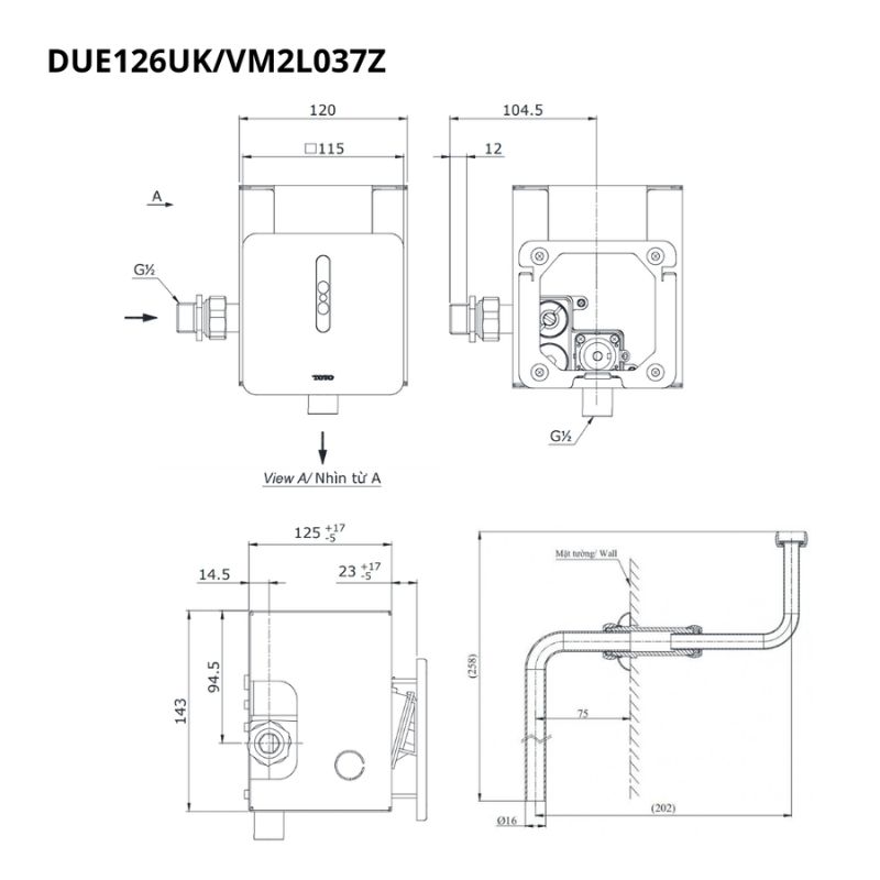 Van xả tiểu TOTO DUE126UKA VM2L037Z cảm ứng dùng pin kèm ống nối